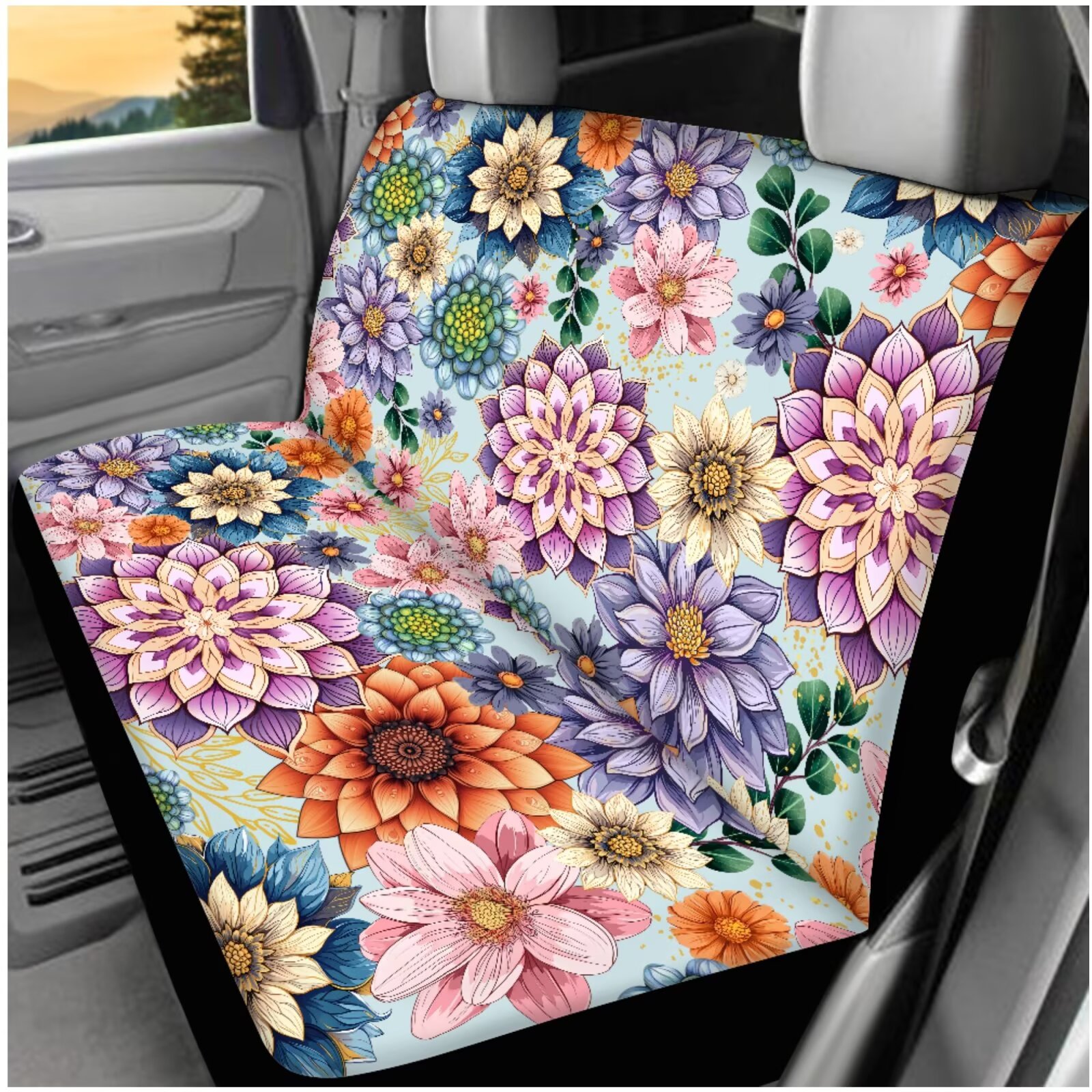 Binienty Bohemian Mandala Car Seat Covers Full Set 14 PCS Front Rear Automotive Seat Covers with Steering Wheel Cover Headrest Protectors Armrest Pad Universal Fit Auto Interior Set​