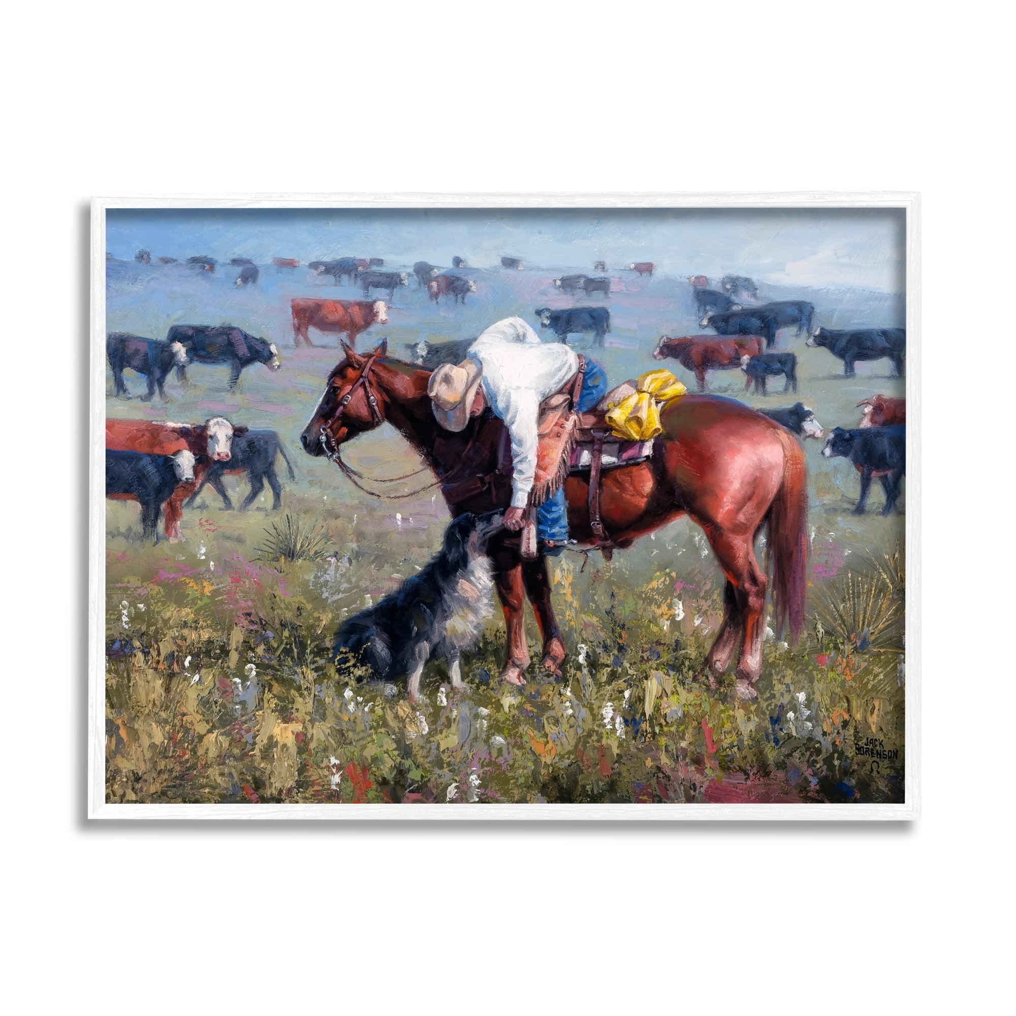 Stupell Industries Cowboy Petting Shepherd Farm Dog Cattle Grasslands Landscape,30 x 24, Design by Jack Sorenson