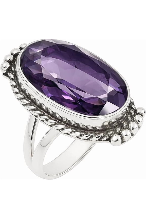 925 Sterling Silver Amethyst Ring for Women Handmade Oxidized Jewelry Oval Cut Gemstone Ring February Birthstone Ring Birthday Anniversary Gift Size US 6