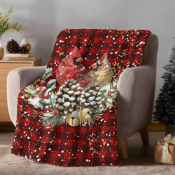 Throw Blanket Fleece Throw Blanket 40x50in, Winter Cardinals Bird Pine Cone Soft Lightweight Bed Blankets Christmas Red Buffalo Plaid Fuzzy Couch Blankets for All Season