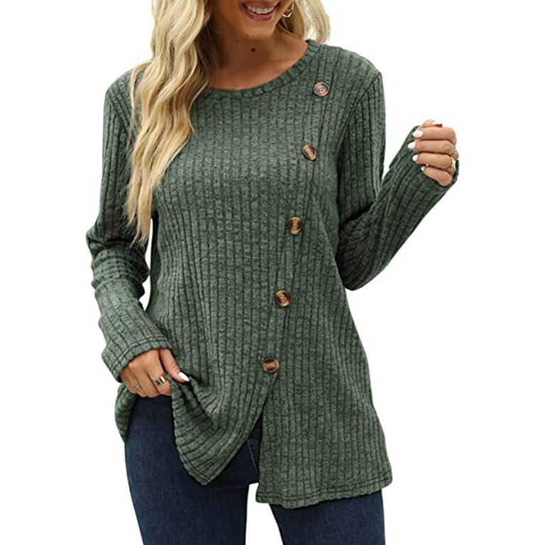 Womens Long Sleeve Shirts Ladies Lightweight Jumpers Button Side Slit Tunic  Tops - Walmart.com