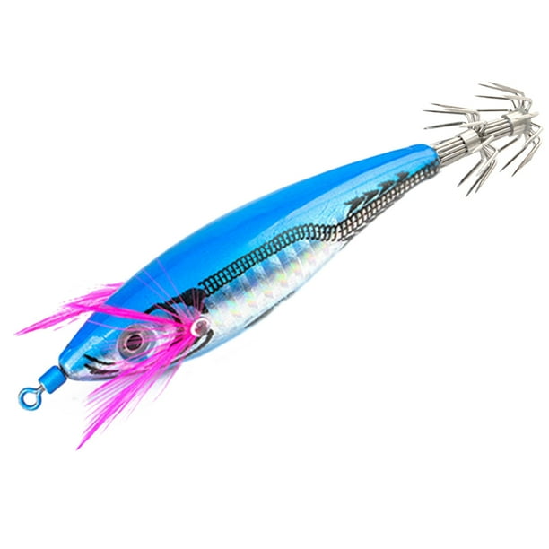3uds. Señuelo de calamar y camarón de madera, ojos 3D de 7cm con anzuelos, cebo para amantes de la pesca, azul