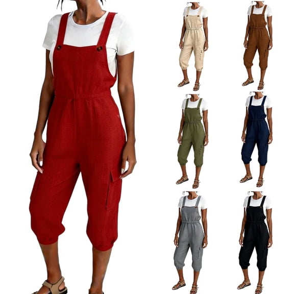 RYDCOT Women's Summer Faux Linen Short Overalls Casual Bib Overall Knee Length Rompers with Pockets Red