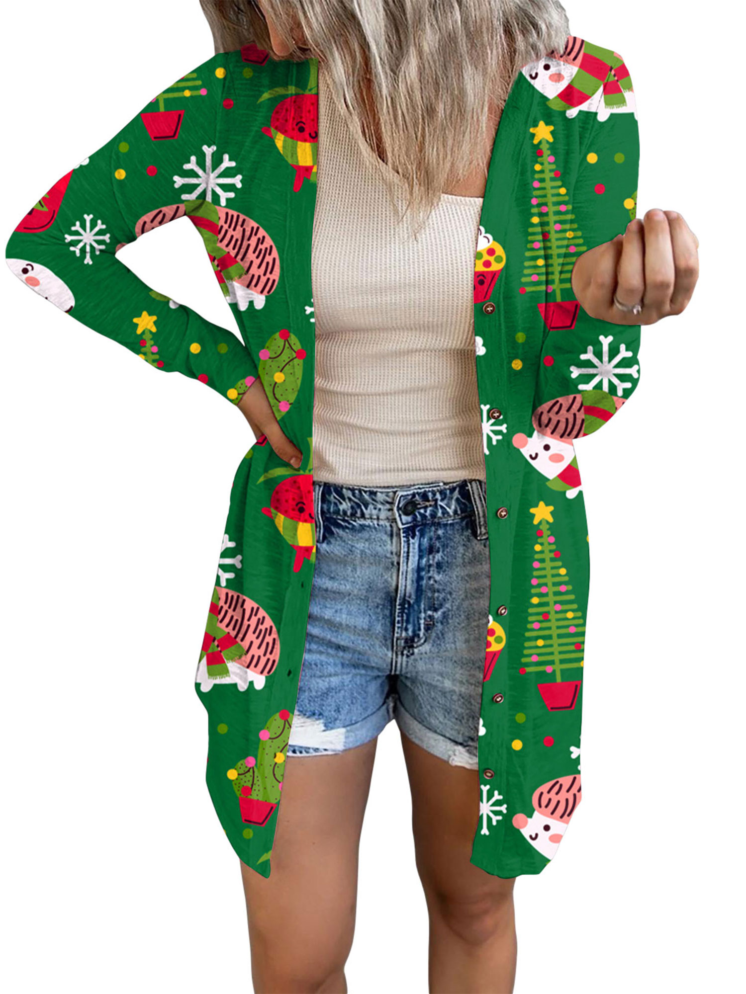 Merqwadd Womens Long Sleeve Christmas Cardigans Casual Coverup Coat Tops Outwear, Women's, Size: Medium, Green