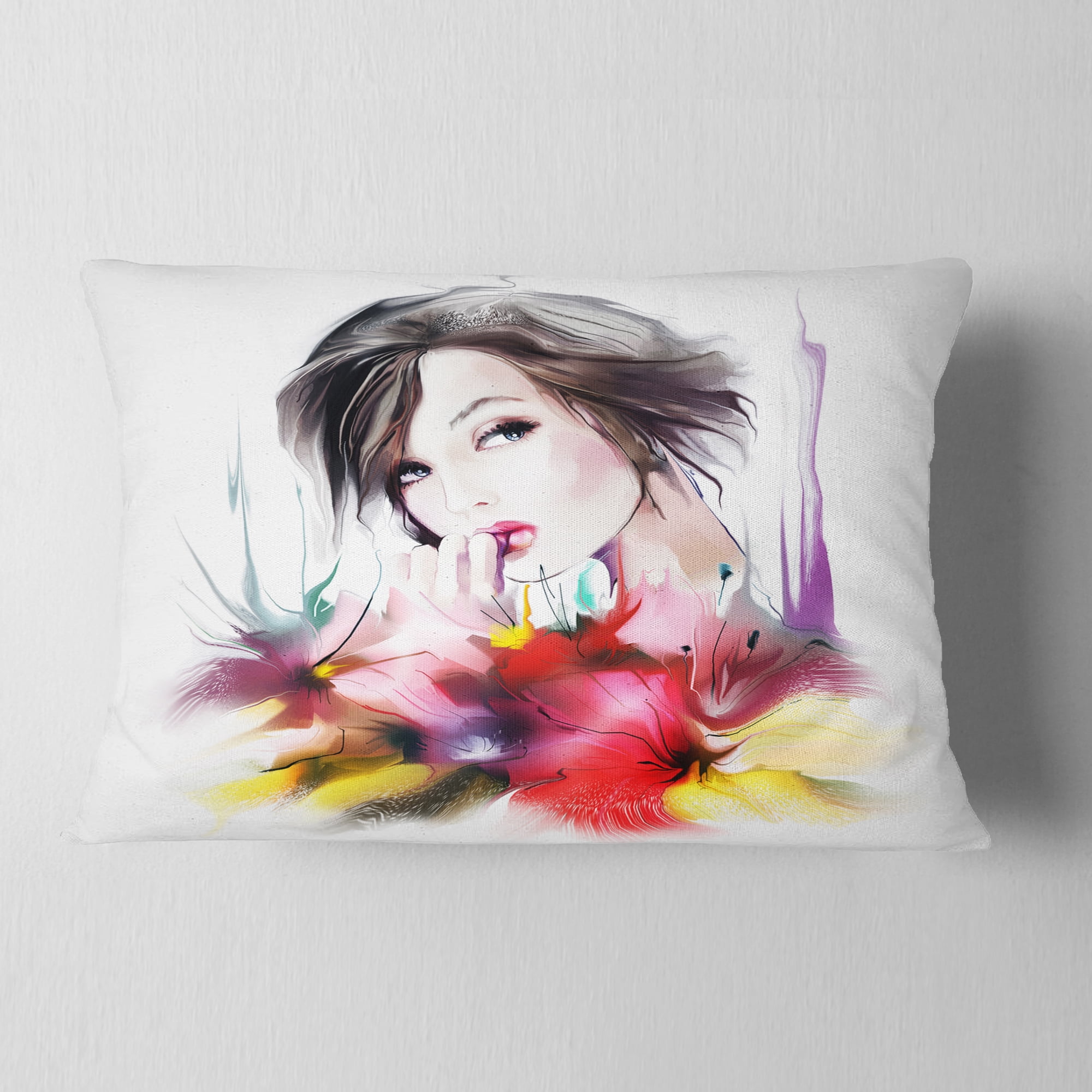 Designart Beautiful Woman with Black Hair - Abstract Portrait Throw Pillow - 12x20