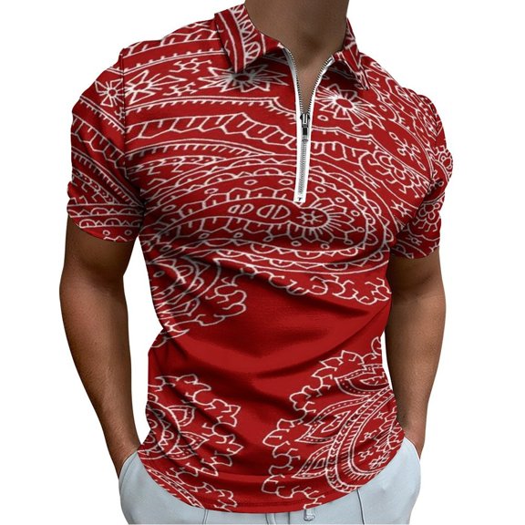 Red Paisley Pattern Men Zipper T-shirt Summer Casual Short Sleeve T-shirt Top
