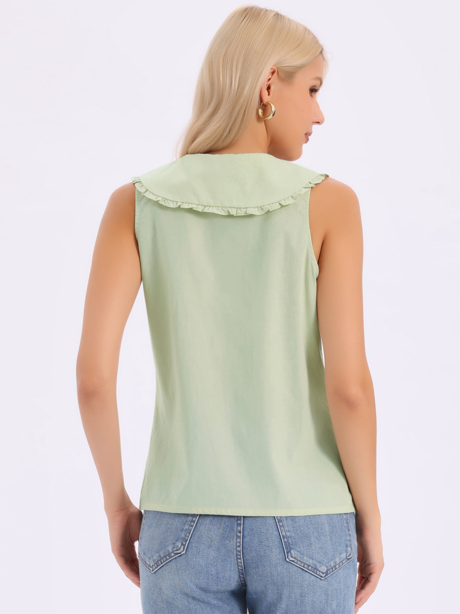 DARING DIVA Women's Button-Down Peter Pan Collar Tank Tops S Green