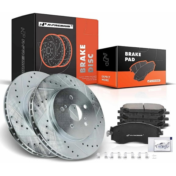 A-Premium 12.56 inch (319mm) Front Drilled and Slotted Disc Brake Rotors   Ceramic Pads Kit Compatible with Select Lexus and Toyota Models - Highlander 2006-2007, RX330 2004-2006, RX350 07-09, RX400h