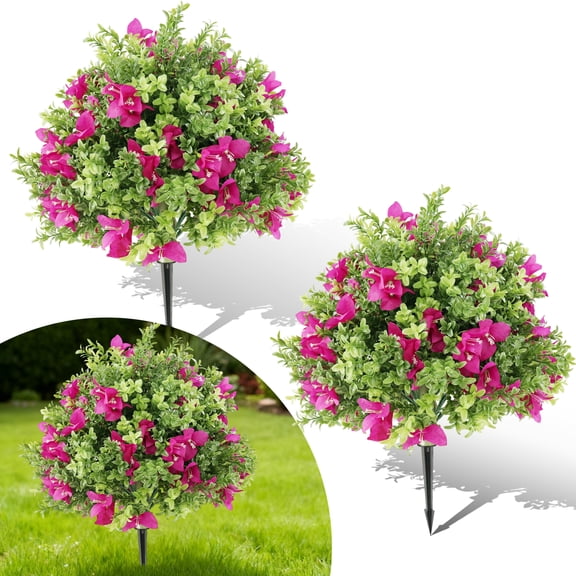 2Pcs 2FT Artificial Bougainvillea Trees with Flowers, Realistic Faux Plants with Ground Spikes for Outdoor Garden, Porch, Patio Decor