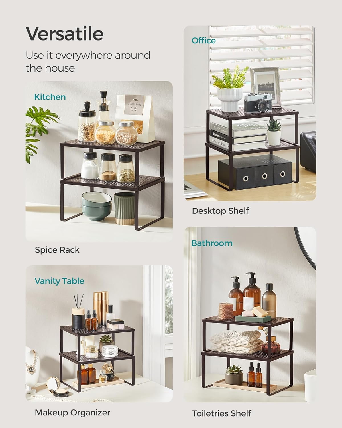 2 Pack Spice Rack, Cabinet Shelf Organizers, Shelf Organizer, Countertop Organizer, Shelf Riser, Stackable, Expandable, Metal Kitchen Counter Shelves, Brown