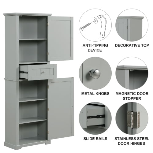 Bathroom Storage Cabinet, Freestanding Tall Storage Cabinet with Drawer and Adjustable Shelf for Bathroom, Living Room, Kitchen, Pantry, Gray
