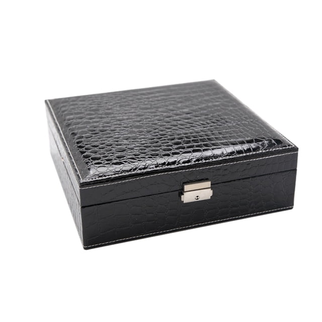 Tignapoo Elegant Black Leather Jewelry Organizer with Mirror - Double-Layered Crocodile Pattern Storage Box for Necklaces, Rings, and Earrings - Perfect for Home or Travel