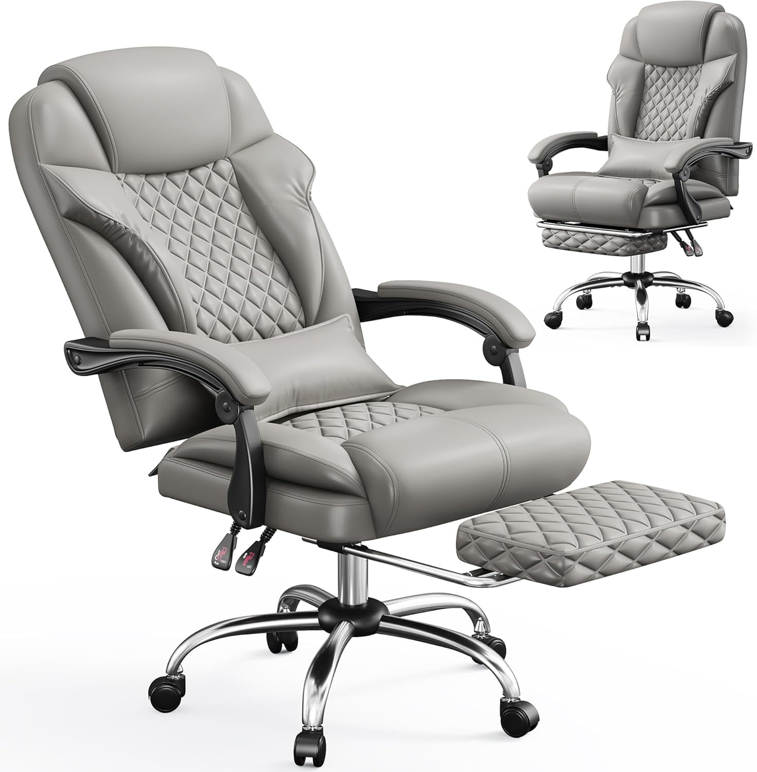 Office Chair with Retractable Footrest, Ergonomic High Back Design Executive Computer Desk Chair with Removable Lumbar Pillow,90-145°Reclining Thick Bonded Leather for Home Office Work,Black