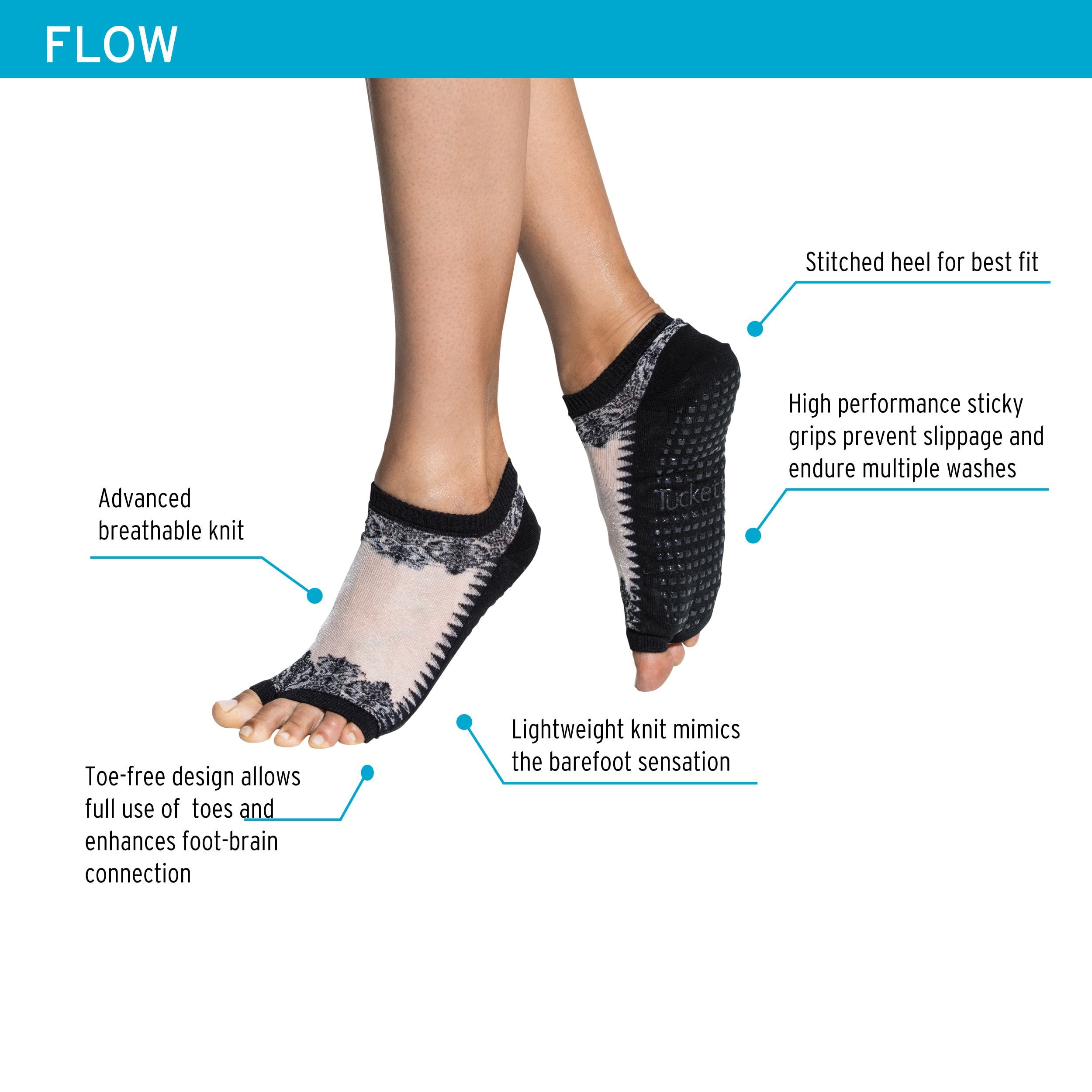 6 Gray Tucketts Womens Socks Toeless Non Slip Skid Grip Yoga