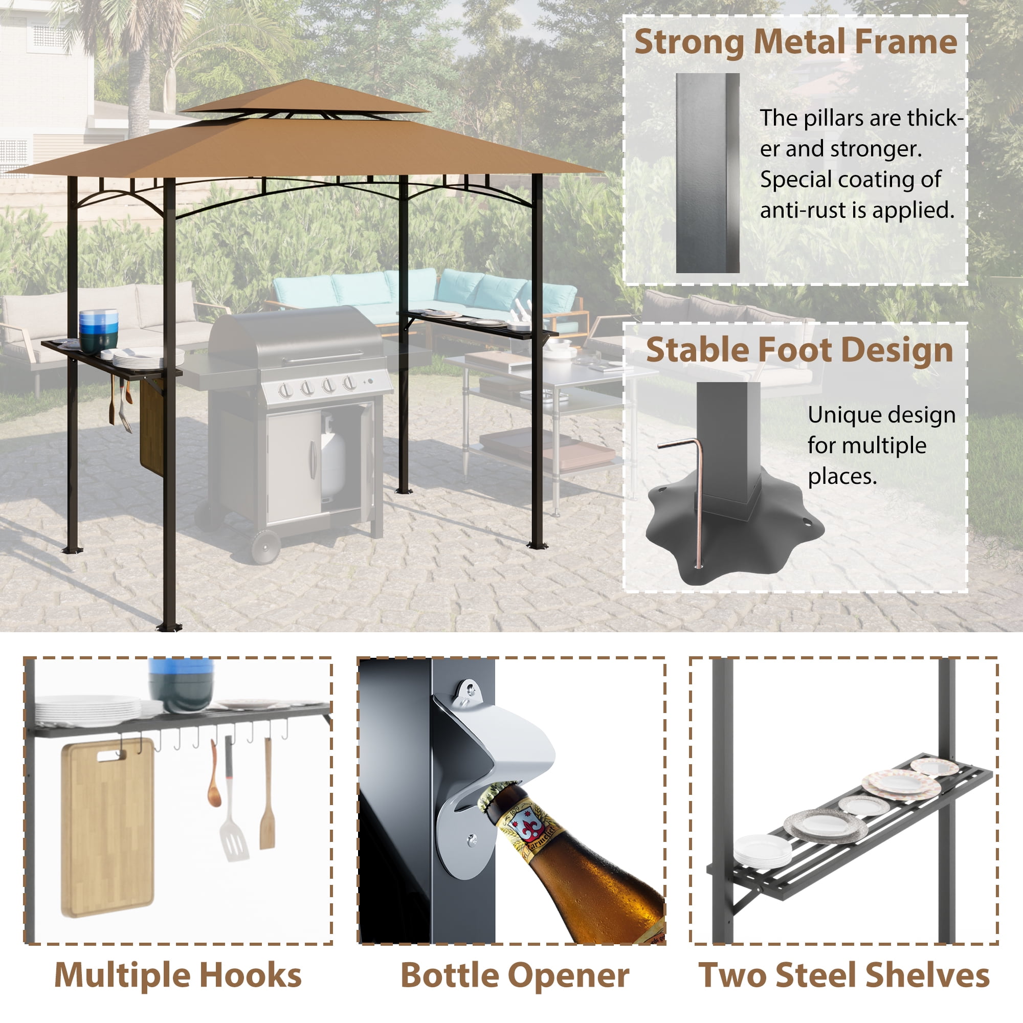 Aukfa 8 x 5 FT Grill Gazebo Grill Canopy Double Tiered BBQ Gazebo Outdoor, Khaki