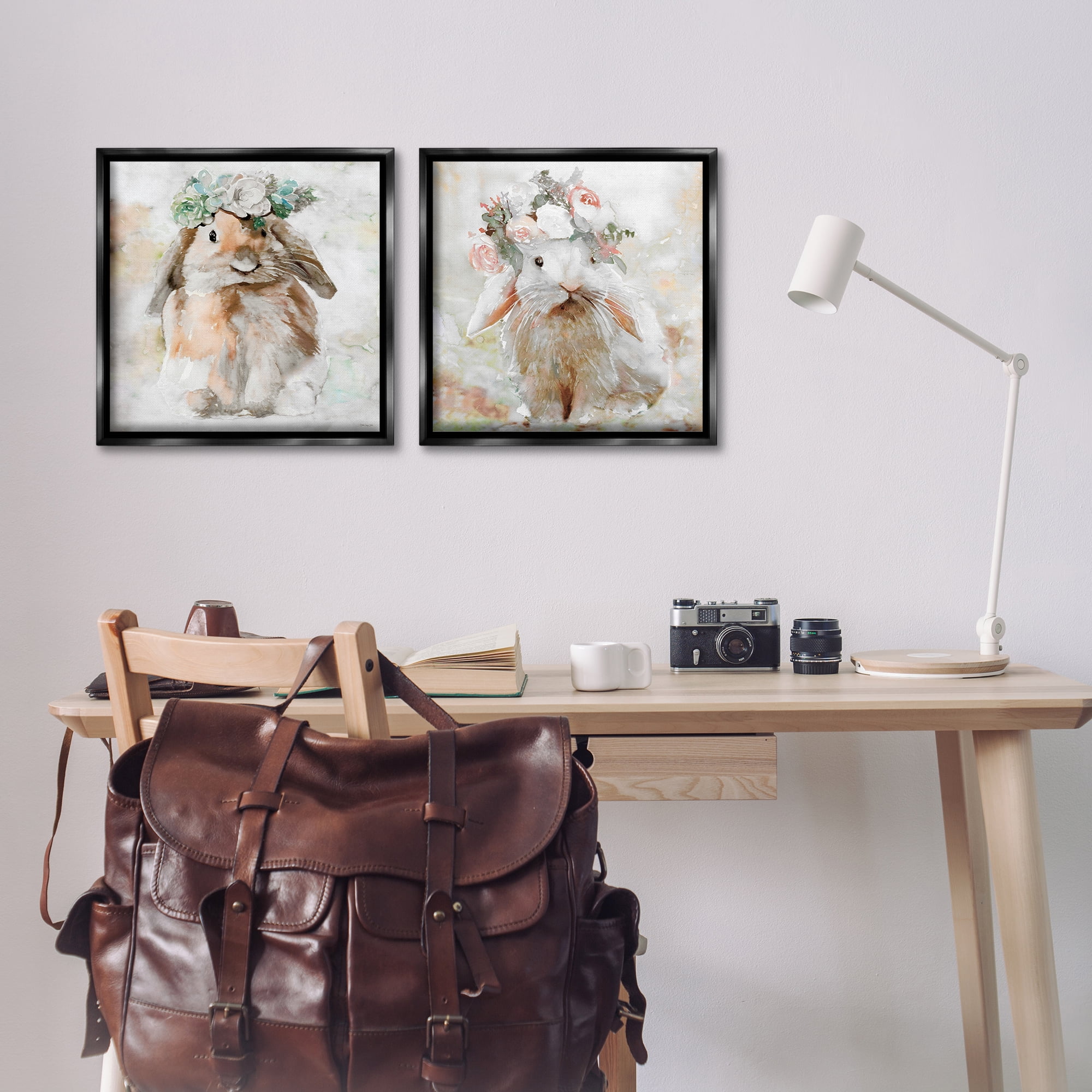 Stupell Industries Soft Spring Floral Bunnies Animals Painting Black Floater Framed Canvas Art Print Wall Art, 18 x 18, Set of 2