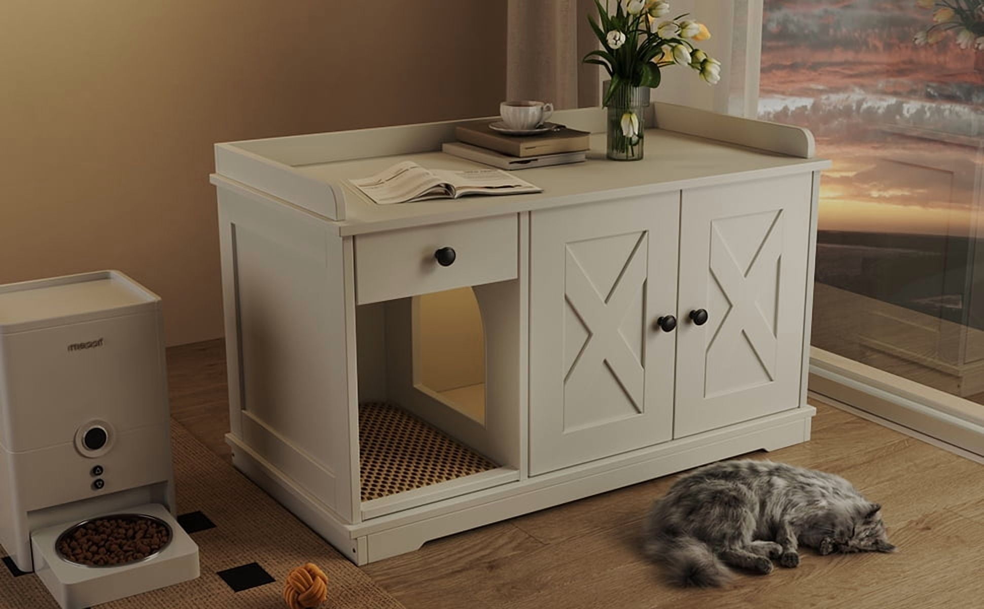 Euroco All-in-One Cat Litter Box Furniture with Drawer, Hidden Litter Box Enclosure, Winding Entrance, Storage Shelf, and Built-In Litter Mat