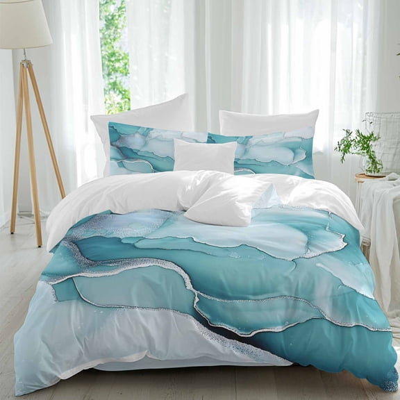 Queen 4 Piece Bedding Set Vintage Gradient Teal Marble Soft Breathable Duvet Cover and Pillowcase,Abstract Watercolor Texture Duvet Cover Set Washable Bed Sheets for Bedroom Dormitory Guest Room