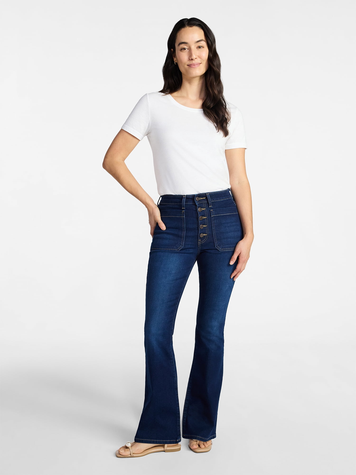 Time and Tru Women's Patch Pocket Flare Jeans, 31" Inseam, Sizes 0-22