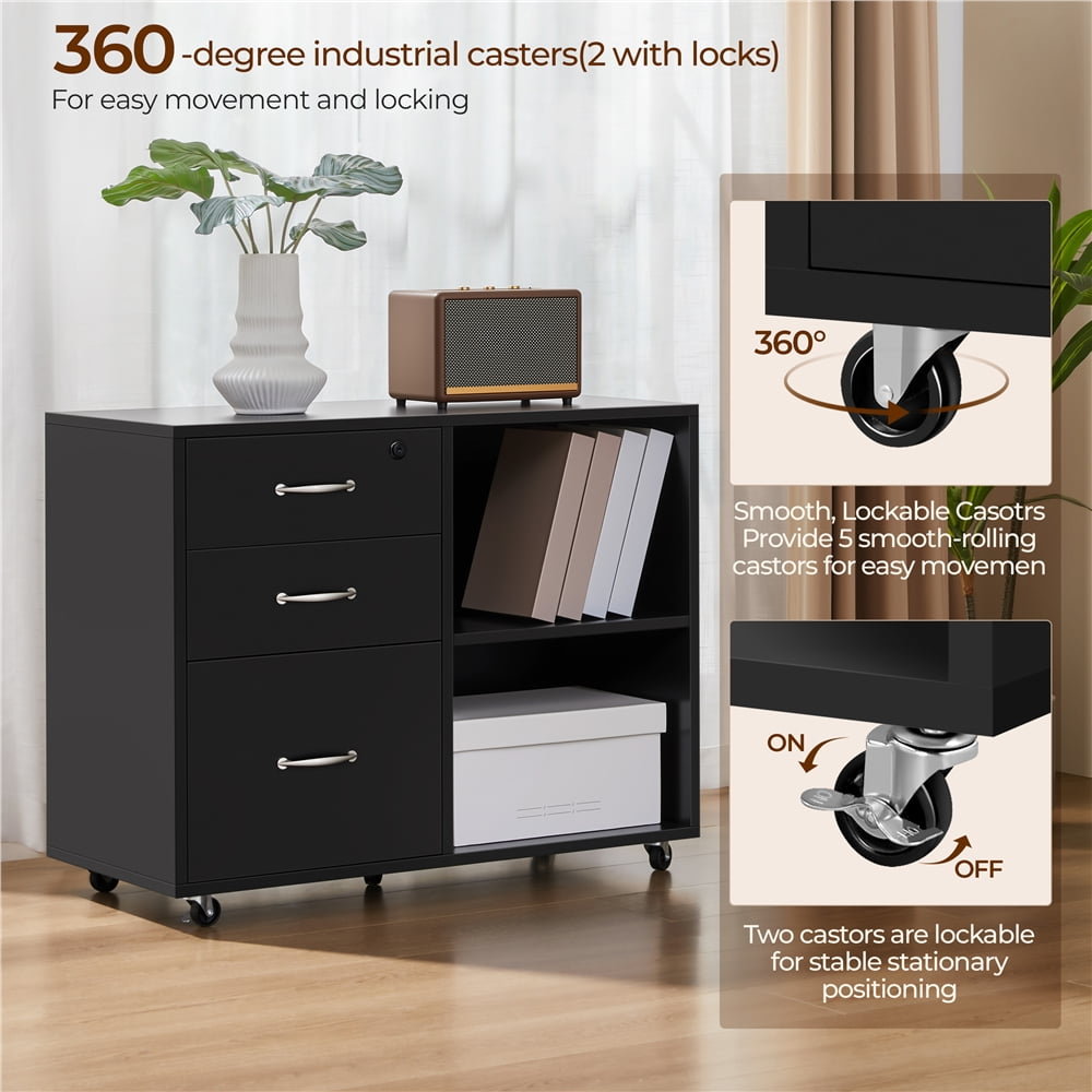 Yaheetech 3-Drawer Wooden Vintage File Cabinet with Wheels for Home and Office, Black