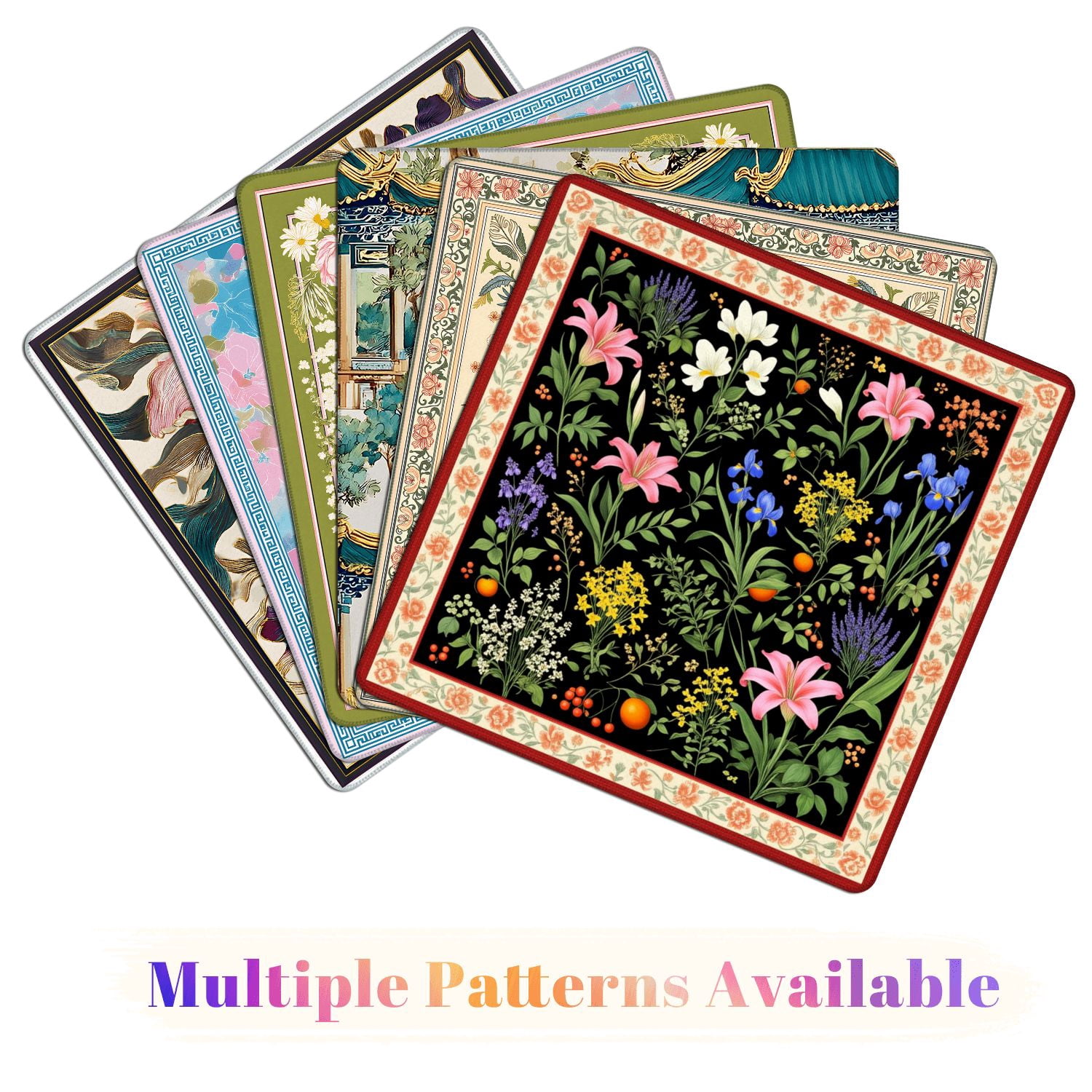 Mahjong Mat 31.5" x 31.5" Floral Pink Lilies Blue Irises White Yellow Flowers Black Non-Slip Noise Reduction American Mahjong Tiles Table Cover for Dominoes Poker Card Board Games Gift