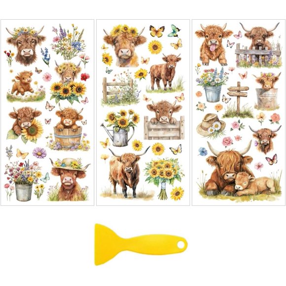 Juego de 3 calcomanías con estampado de vaca para muebles y manualidades (15 x 30 cm). Adhesivos de girasol para muebles con diseño floral. Incluye espátula.