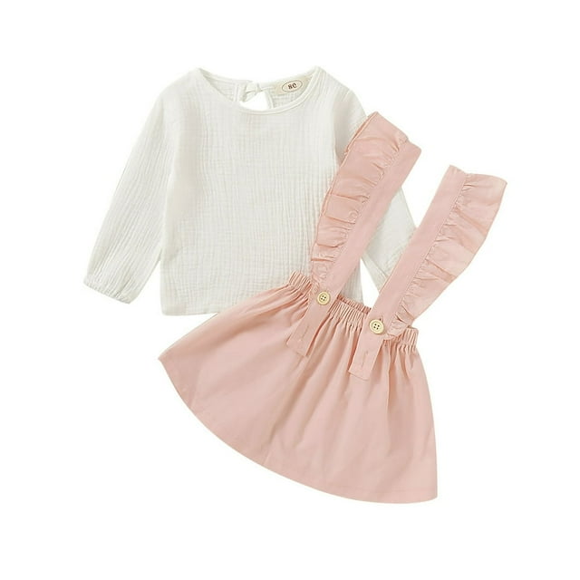 Haut T-Shirt à Manches Longues pour Tout-Petites Filles, Jupe à Bretelles Unie à Volants, Jupe Salopette