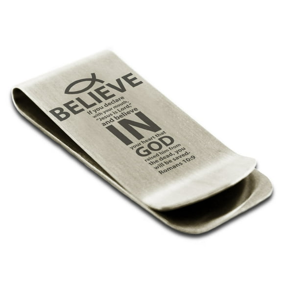 Tioneer Stainless Steel Believe in God Romans 10:9 Engraved Money Clip Credit Card Holder