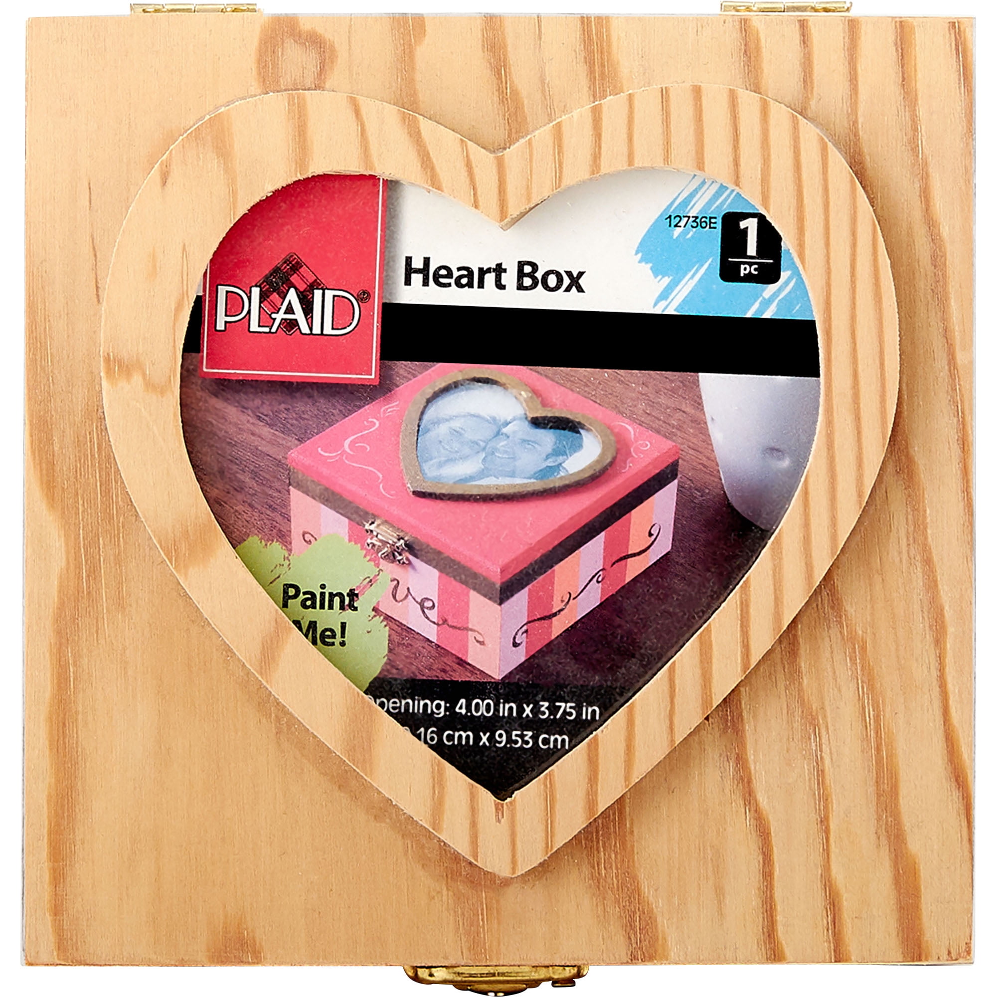 Plaid Unpainted Wood Surface, Wood Hinged Box with Heart Lid, 1 Piece, 5.25" x 2.5" x 5.25"
