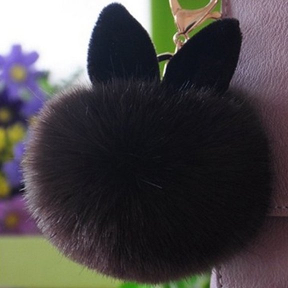 rygai Soft Rabbit Ear Faux Fur PomPom Ball Phone Bag Hanging Pendant Handbag Keychain-Black
