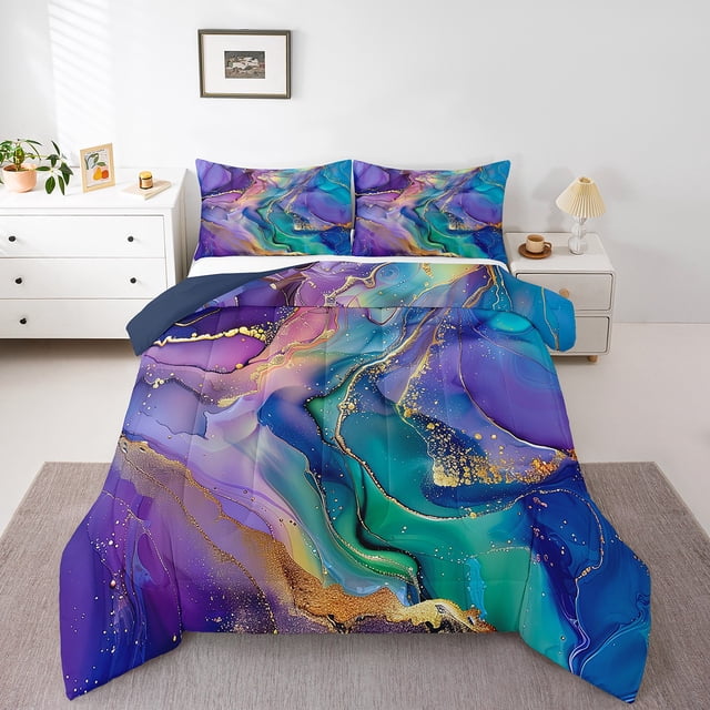 Navy Blue Marble Comforter Set Queen Watercolor Aesthetic Bedding Set Queen, Abstract Marbling Bedding Comforter Sets Stone Pattern Duvet Set, Gold Metallic Quilted Comforter Girls Bedroom Decor