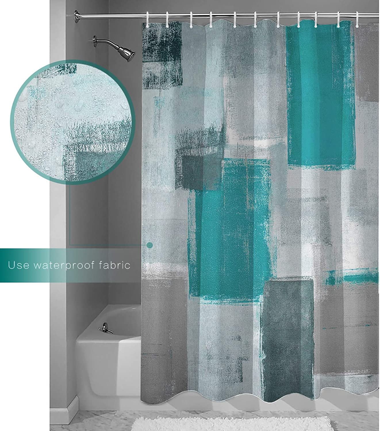 Fabric Shower Curtain for Bathroom, Abstract Texture Teal Custom Shower Curtain Set with Hooks, Luxury Bathroom Curtains, Oil Painting Art Waterproof Polyester Bathroom Accessories, 36x72inch
