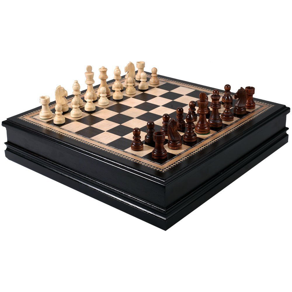 Chess Board Game Set Wood Wooden Inlaid Lift Up Storage METAL Pieces 12 Inch NEW 