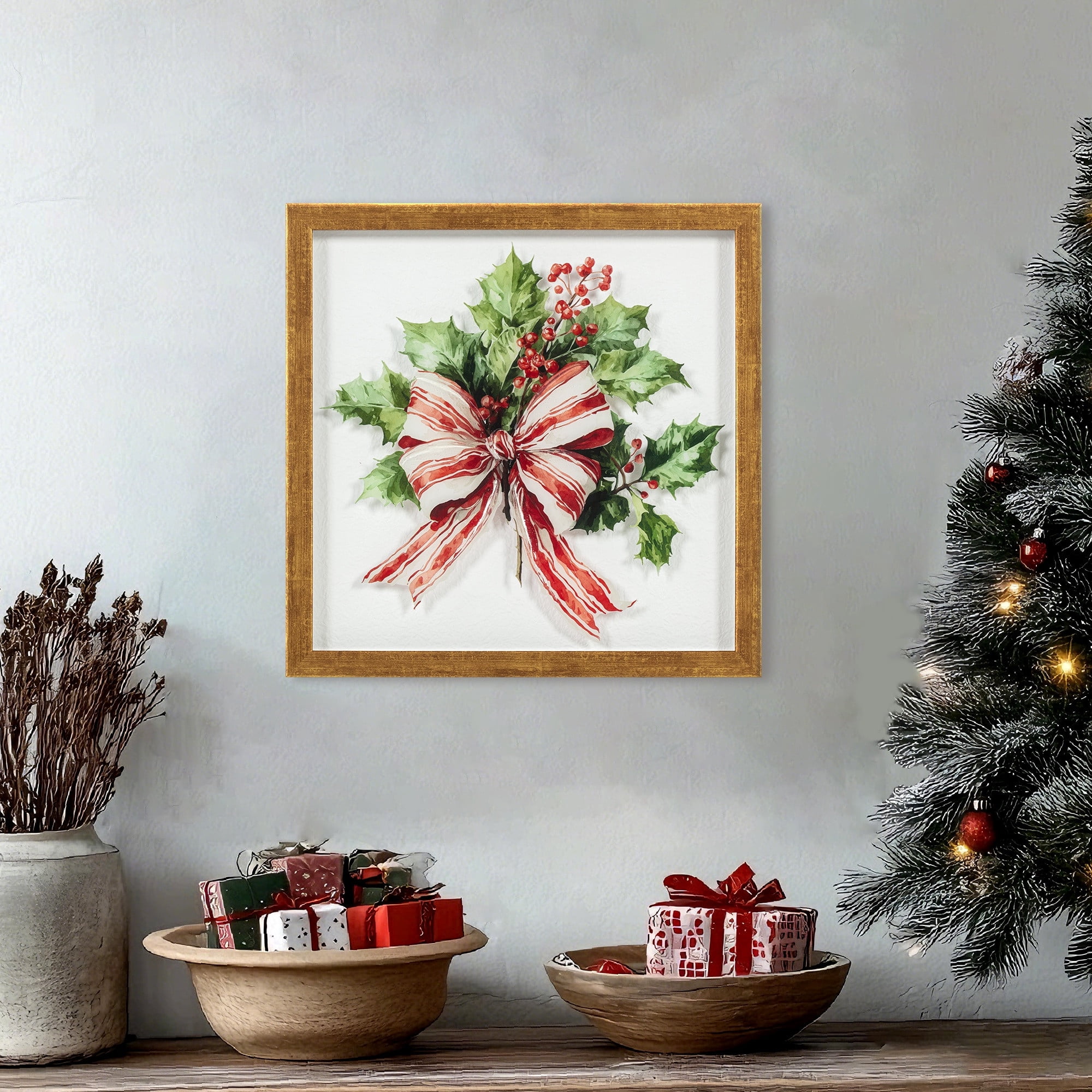 Mistletoe Tied W/Bow Framed Parchment Print Shadowbox Under Flatbed Tinted Gel Embellished Glass, 12x12, Christmas Wall Art by Holiday Time