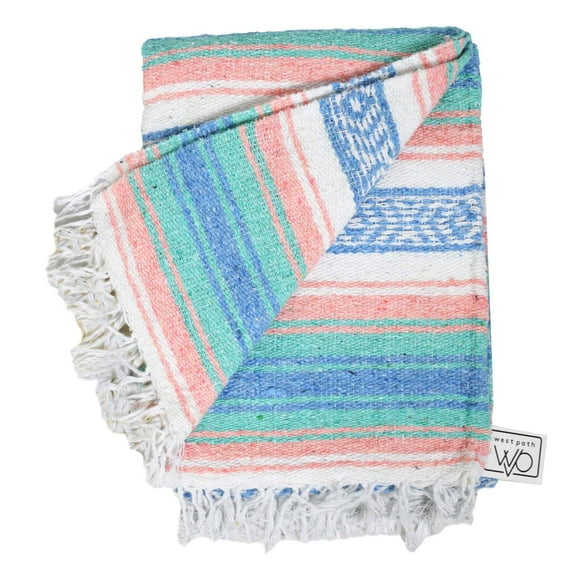 Mexican Blanket Yoga Blanket Blue Mint Peach White | Falsa | Beach Blanket | Serape | Outdoor Blanket | Throw Blanket for Bed, Couch, Van, Picnic, or Travel