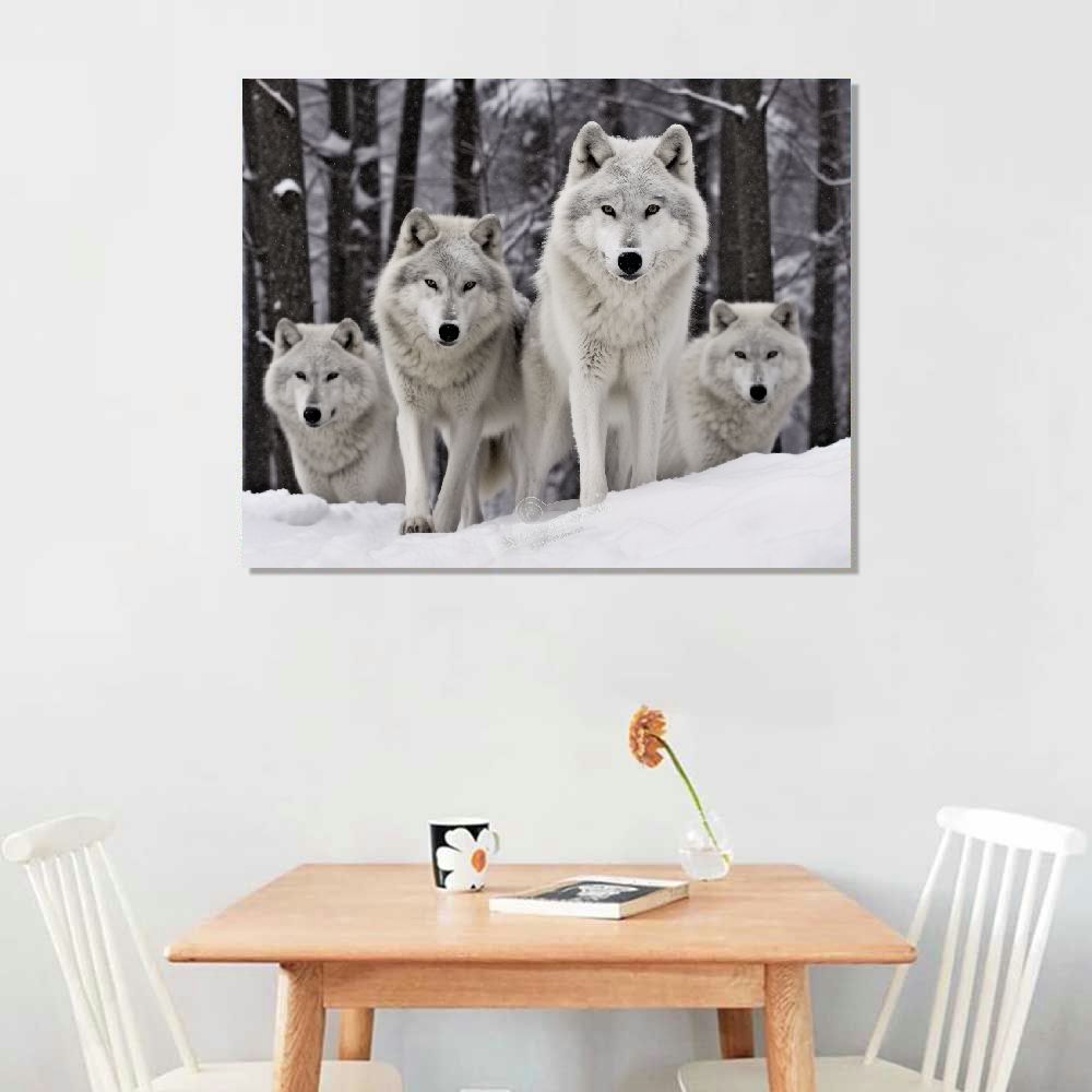 COMIO  Snow Wolf Canvas Wall Art - Wolf Family Sit on the Snowfield Painting Wild Animals Winter Forest Artwork Picture for Children Rooms Office Kitchen
