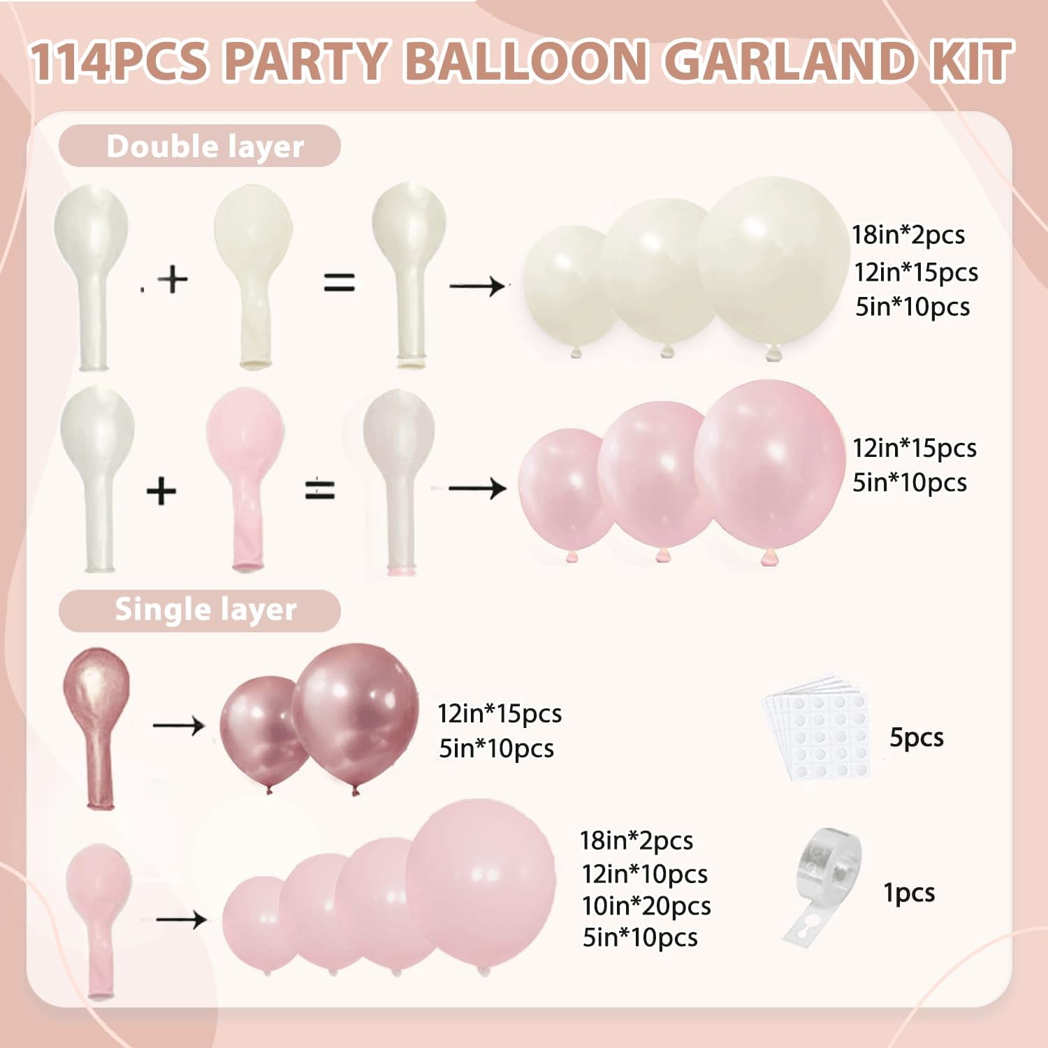 Pink and White Balloons Arch Kit,Double Stuffed Pearl Light Pink Metallic Pink Balloon Sand White Beige Ivory Balloons Garland for Birthday Wedding Valentine's Day Bridal Shower Party Decor