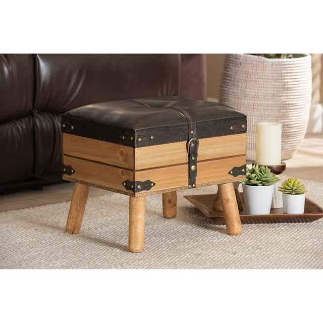 Baxton Studio Amena Rustique Transitionnel Brun Foncé en Cuir PU Rembourré et Bois Fini Chêne Petit Pouf de Rangement