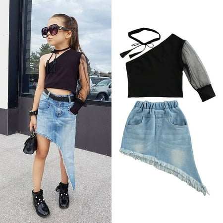 

Toddler Baby Girls Summer Outfits Off The Shoulder T-Shirt Jeans Mini Skirt Set