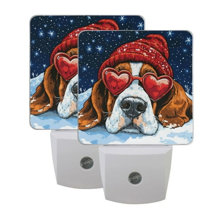 WOBOGO Snow Basset Hound LED Night Light 2 Pcs Set 0.5 Watt Wall Plug in Dusk to Dawn Automatic Switch Soft White Light