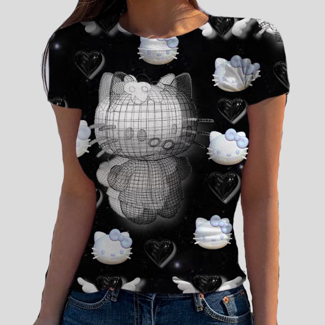 Hello Kitty Impression 3D Aguichant Basique T-shirts à Manches Courtes Été Aguichant Femmes Col Rond T-shirt à Manches Courtes Ajusté Élastique Ajusté Haut
