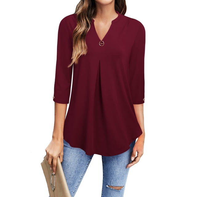 Blusa elegante tipo túnica con escote en V y mangas 3/4 para mujer