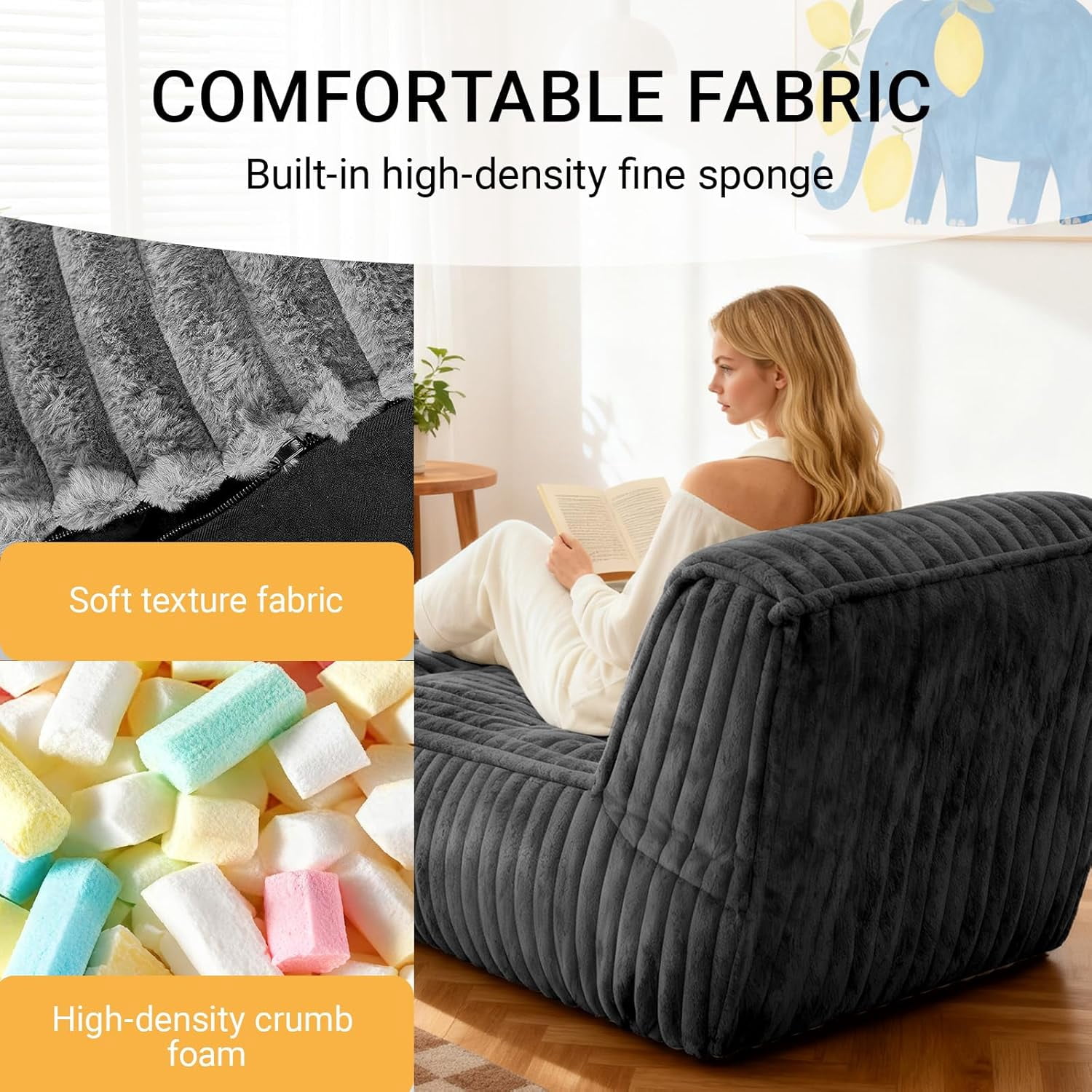 UZUGUL Giant Bean Bag Chair with Memory Foam Filled, Corduroy Lounge Sofa Chair for Bedroom Living Room, Dark Grey