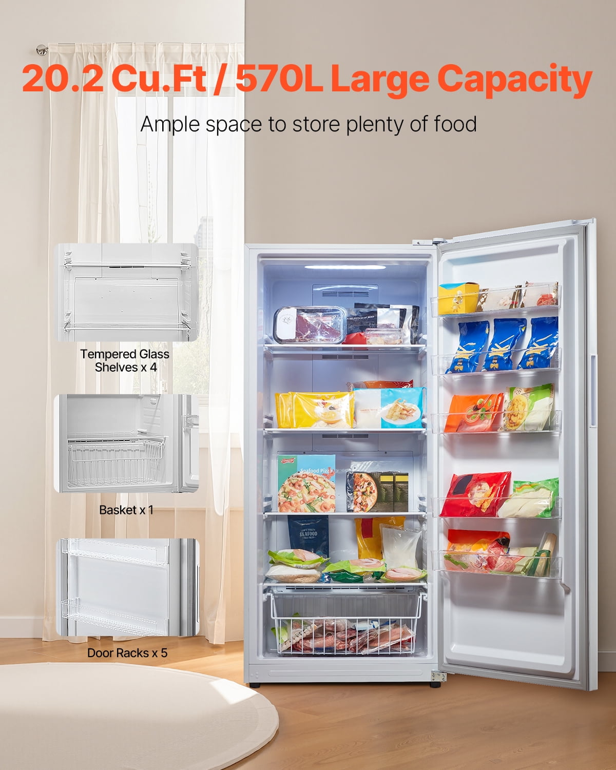 VEVOR Convertible Freezer/Refrigerator,20.2 Cu.Ft Frost Free Upright Freezer with Temp Control Panel, Door Open too Long Alarm,Adjustable Shelves and LED,Standing Fridge for Kitchen,Office,Garage