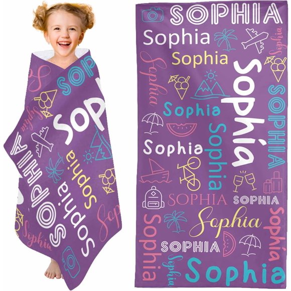 Personalized Beach Towels for Kids Boys Girls, Custom Name Monogrammed Bath Pool Towels with Summer Cartoon Print Shower Birthday Gift for Son Daughter