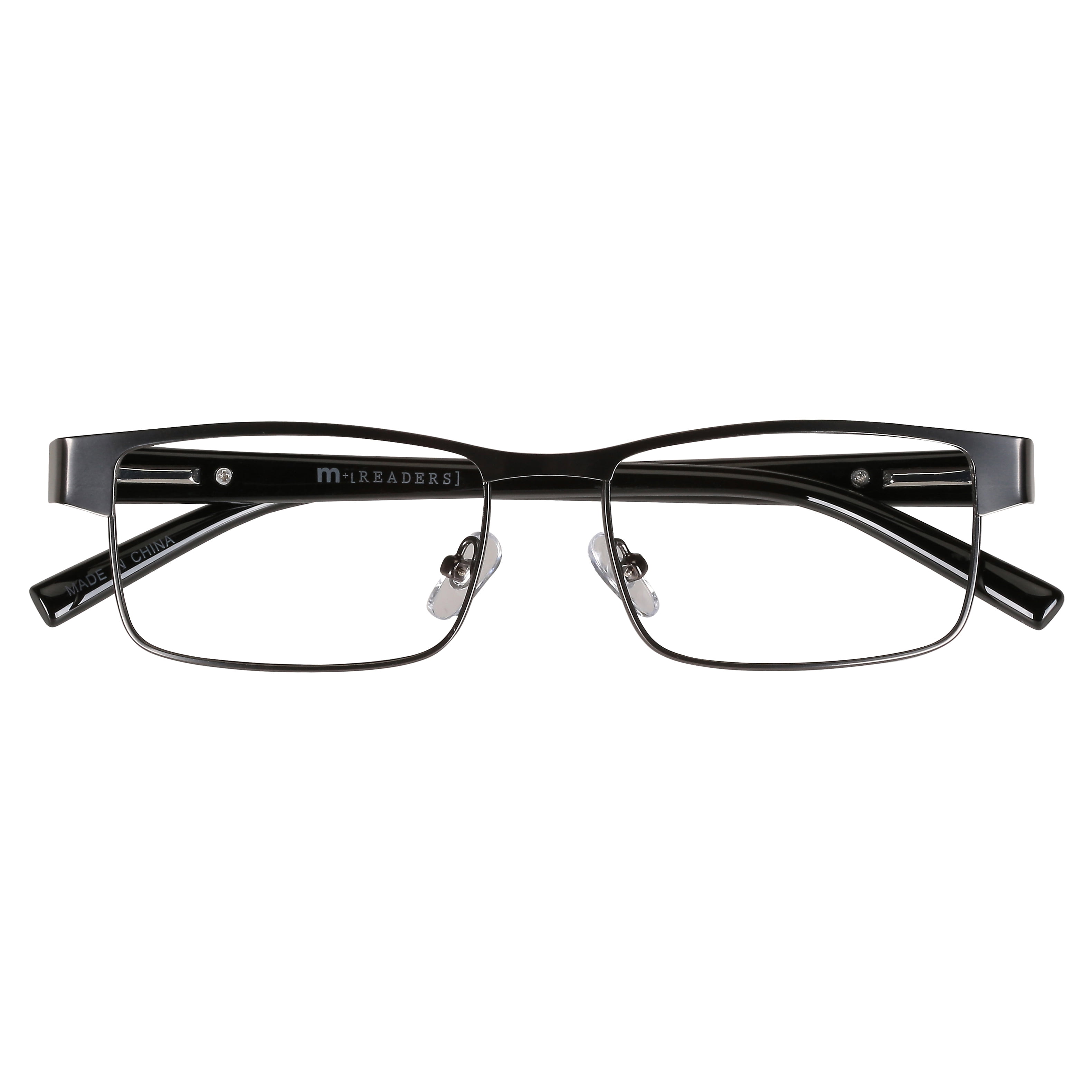 (2 pack) M+ Mens Rectangular Flat Metal Reading Glasses Gun 2.00 Birch in Gunmetal with Classic Black Temples