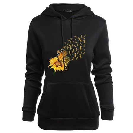 Butterfly Sweatshirt KABOER 2019 New Autumn And Winter Women Fashion Hoodie Sunflower Butterfly Dragonfly Print Hooded Sweatshirt Casual Tops ()