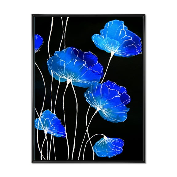 Designart 'Detail of Blue Flowers On Black Background II' Traditional Framed Canvas Wall Art Print