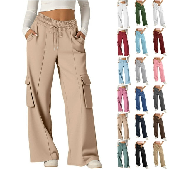 Plus Size Cargo Pants for Women High Waisted Casual Pants Wide Leg Streetwear Pants Jogger Solid Pants Hippie Punk Trousers Loose Long Pants with Pockets on Clearance