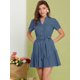 thumbnail image 3 of Vestido Camisero De Algodón Con Botones Para Mujer, Cuello Con Volantes, Dobladillo Con Cinturón, Manga Corta, Informal, Por Encima De La Rodilla, Camisero Azul marino S, 3 of 7